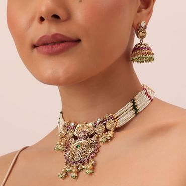 Gold Finish Meenakari Temple Necklace With Pearl Drop Jhumkas