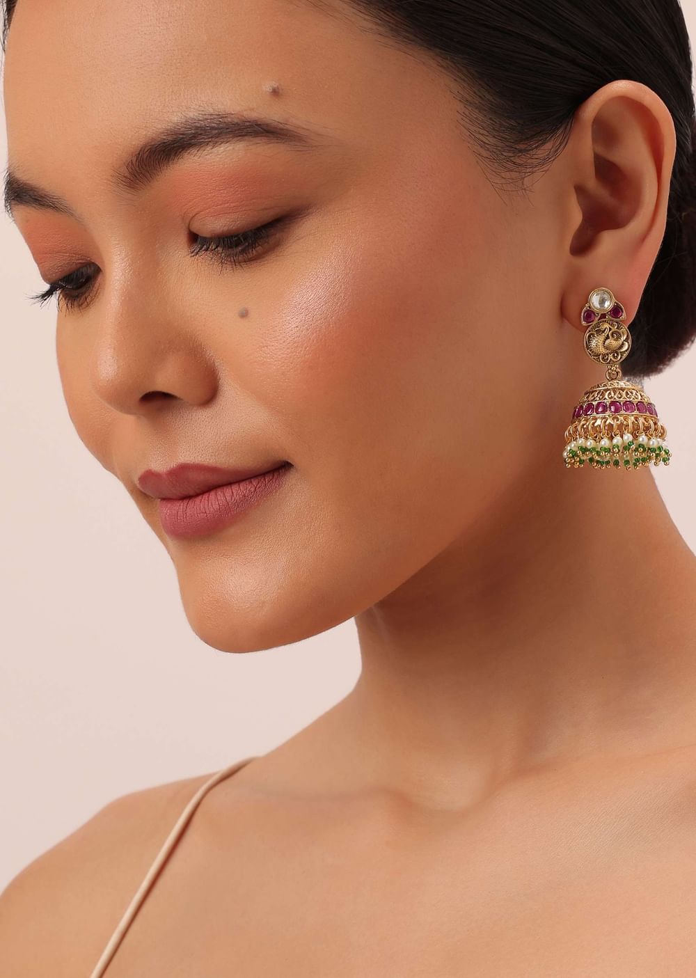 Gold Finish Meenakari Temple Necklace With Pearl Drop Jhumkas
