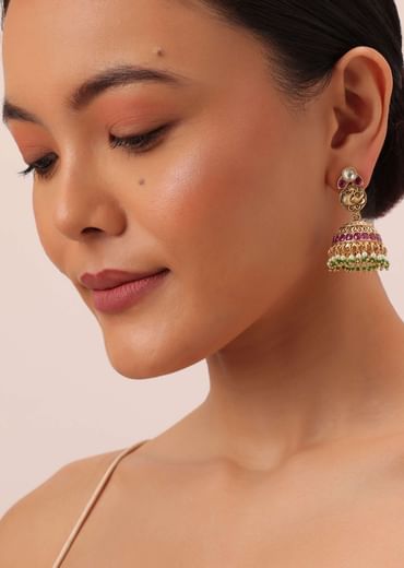 Gold Finish Meenakari Temple Necklace With Pearl Drop Jhumkas