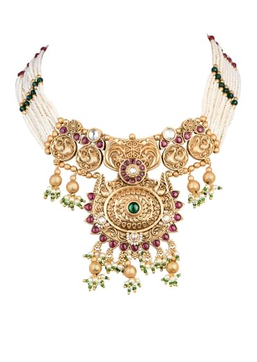 Gold Finish Meenakari Temple Necklace With Pearl Drop Jhumkas