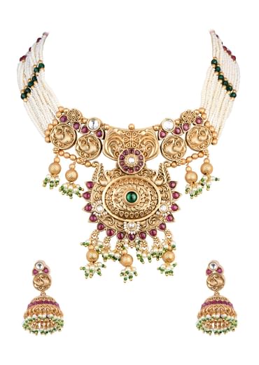 Gold Finish Meenakari Temple Necklace With Pearl Drop Jhumkas