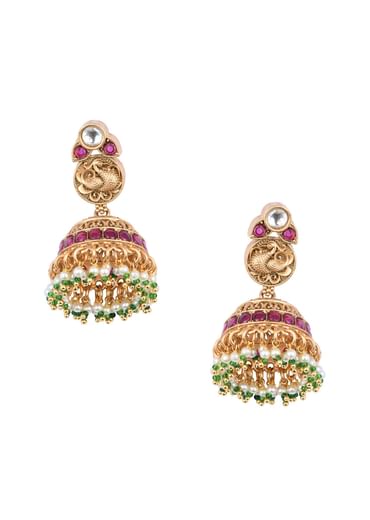 Gold Finish Meenakari Temple Necklace With Pearl Drop Jhumkas