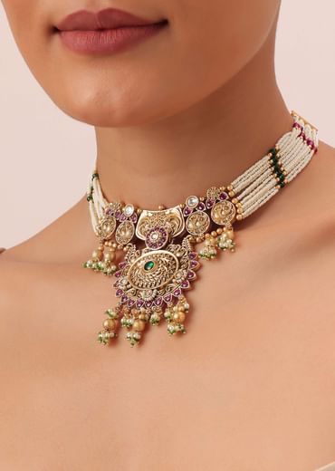 Gold Finish Meenakari Temple Necklace With Pearl Drop Jhumkas