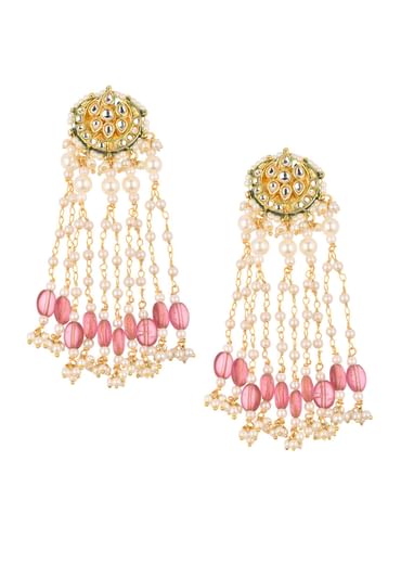 Gold Finish Mix Metal Danglers With Pink Beads