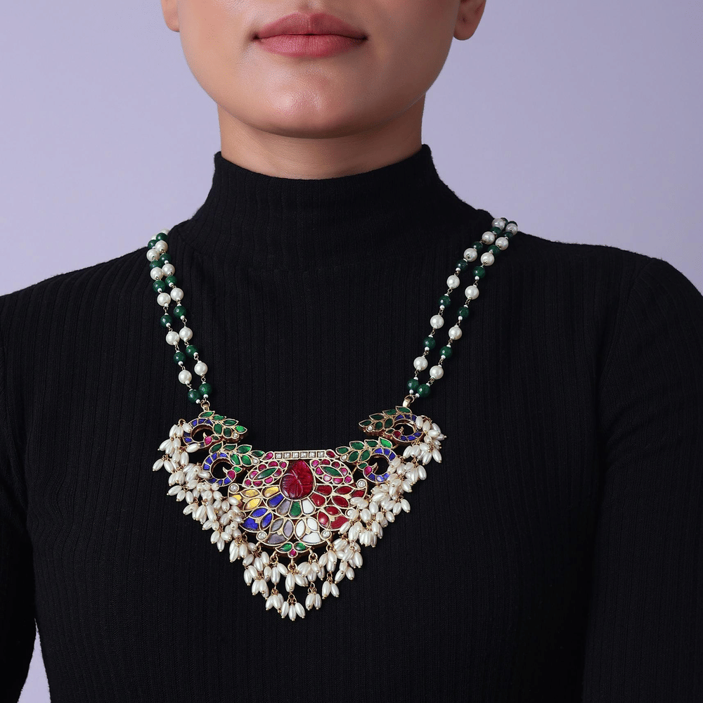Gold Finish Navratna Necklace In Mix Metal With Pearls