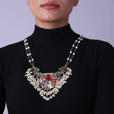 Gold Finish Navratna Necklace In Mix Metal With Pearls