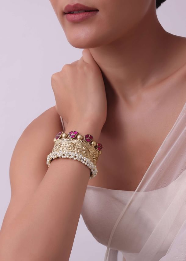 Gold Finish Oxidised Kada With Meenakari Work Gold Finish Oxidised Kada With Meenakari Work