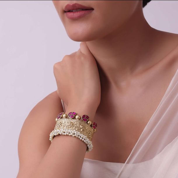 Gold Finish Oxidised Kada With Meenakari Work Gold Finish Oxidised Kada With Meenakari Work