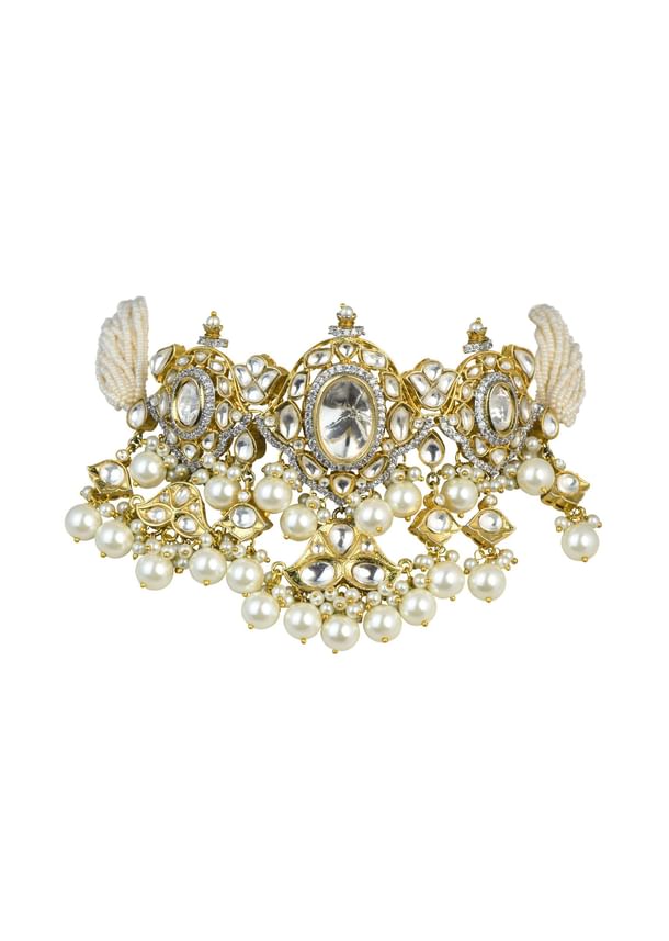 Gold Finish Kundan Polki Choker And Earrings Set In Mix Metal Gold Finish Kundan Polki Choker And Earrings Set In Mix Metal