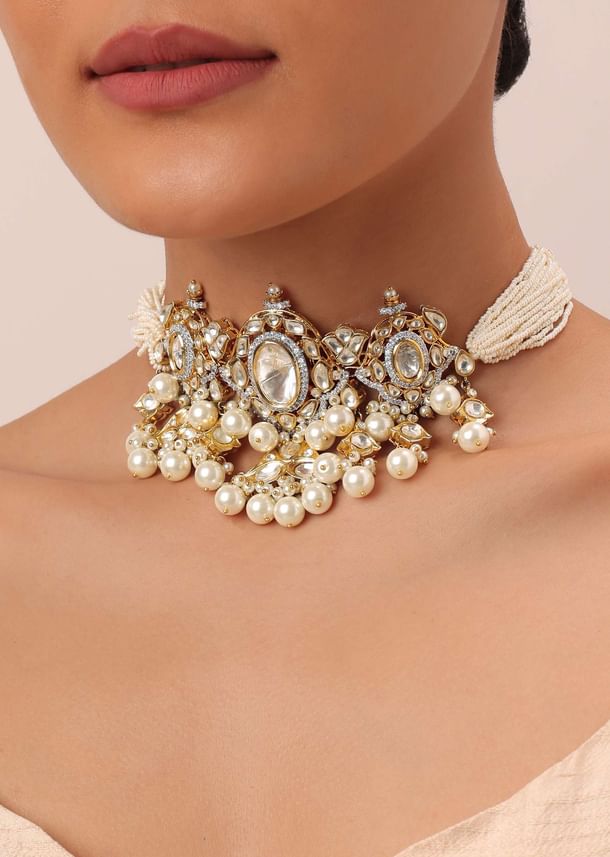 Gold Finish Kundan Polki Choker And Earrings Set In Mix Metal Gold Finish Kundan Polki Choker And Earrings Set In Mix Metal