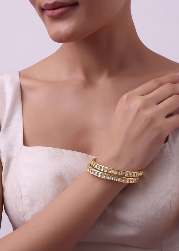 Gold Finish Polki Bangles In Mix Metal - Set of 2 Gold Finish Polki Bangles In Mix Metal - Set of 2