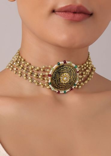 Gold Finish Temple Choker with Circular Motif And Studs
