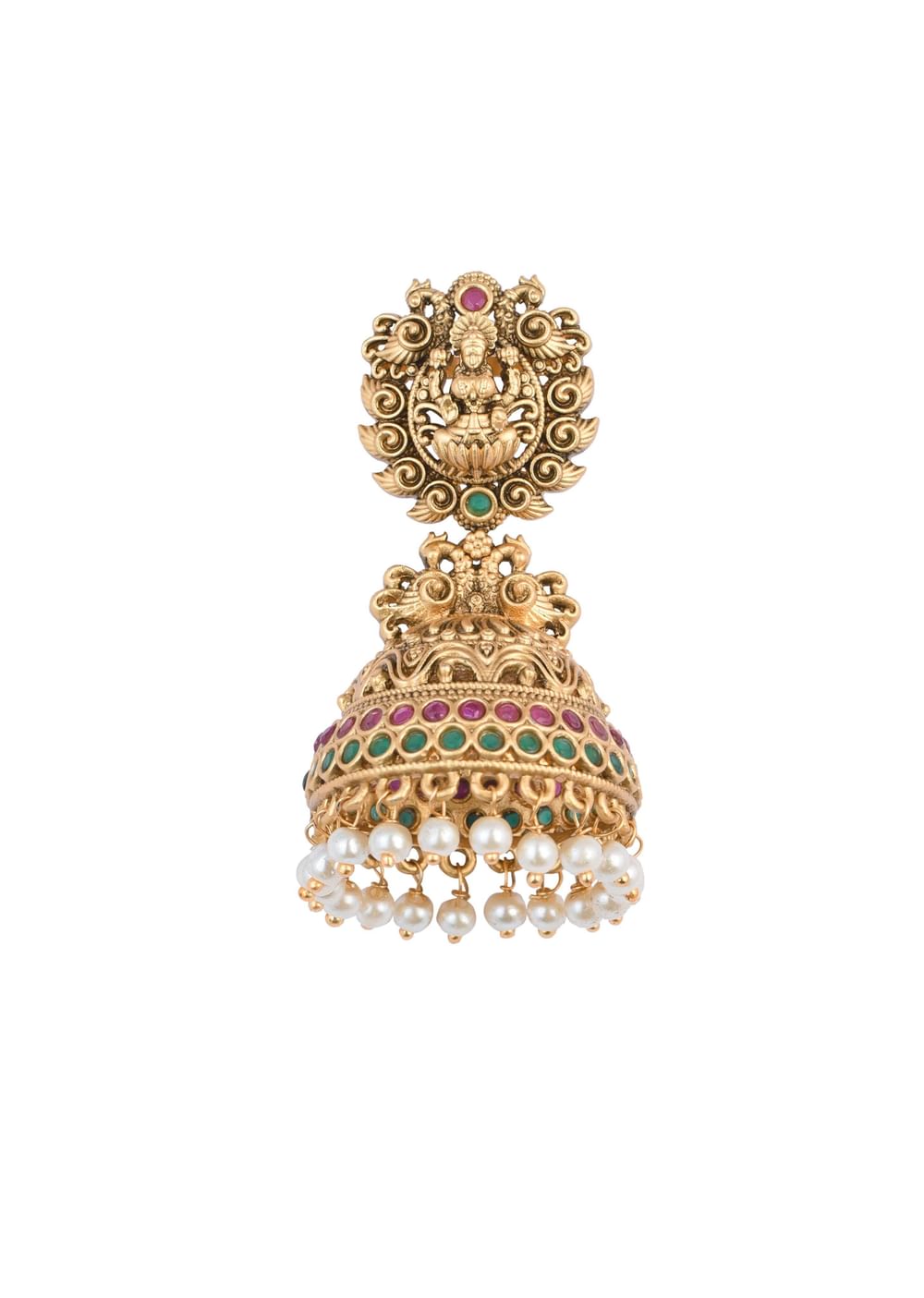Gold Finish Temple Jhumkas With Meenakari Work And Carved Motifs