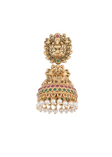 Gold Finish Temple Jhumkas With Meenakari Work And Carved Motifs