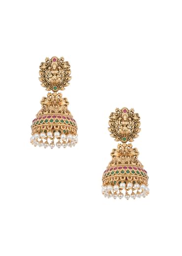 Gold Finish Temple Jhumkas With Meenakari Work And Carved Motifs