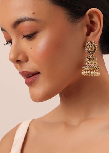 Gold Finish Temple Jhumkas With Meenakari Work And Carved Motifs