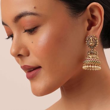 Gold Finish Temple Jhumkas With Meenakari Work And Carved Motifs