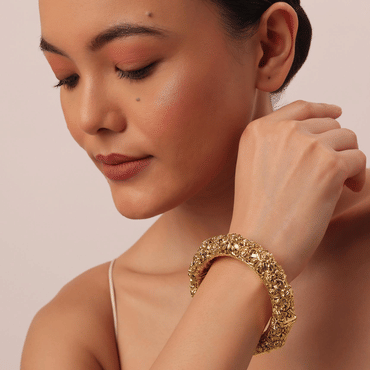 Gold Finish Temple Style Carved Bangle In Mix Metal