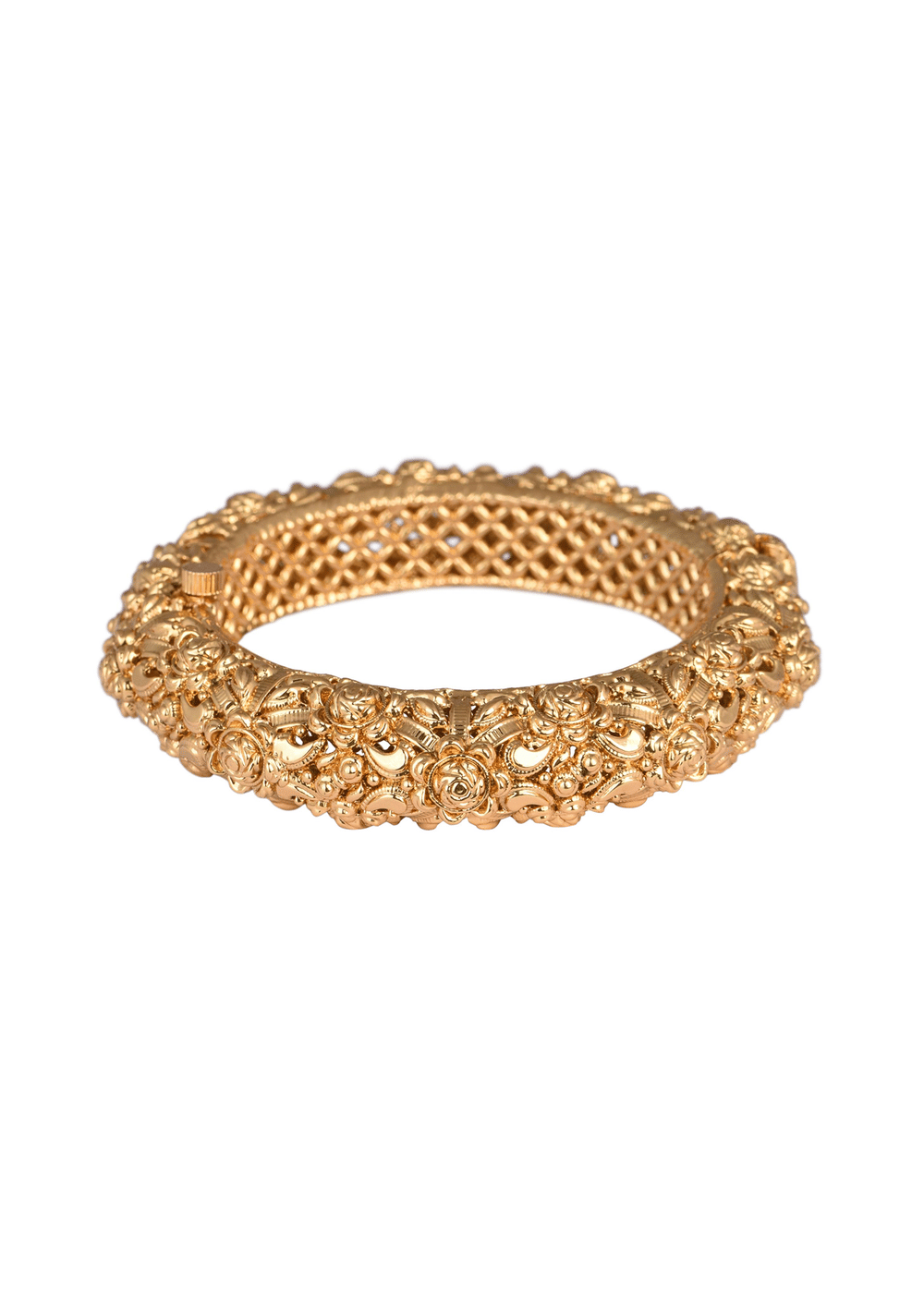 Gold Finish Temple Style Carved Bangle In Mix Metal