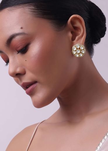 Gold Finish White Polki Studs In Mix Metal