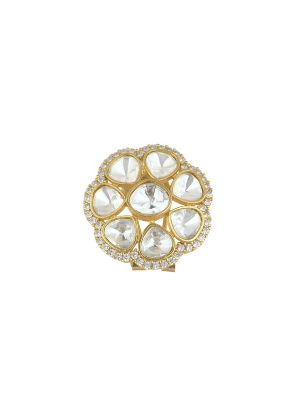 Gold Finish White Polki Studs In Mix Metal