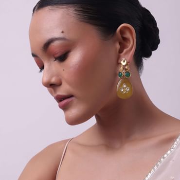 Gold Finish Yellow Kundan Embellished Danglers