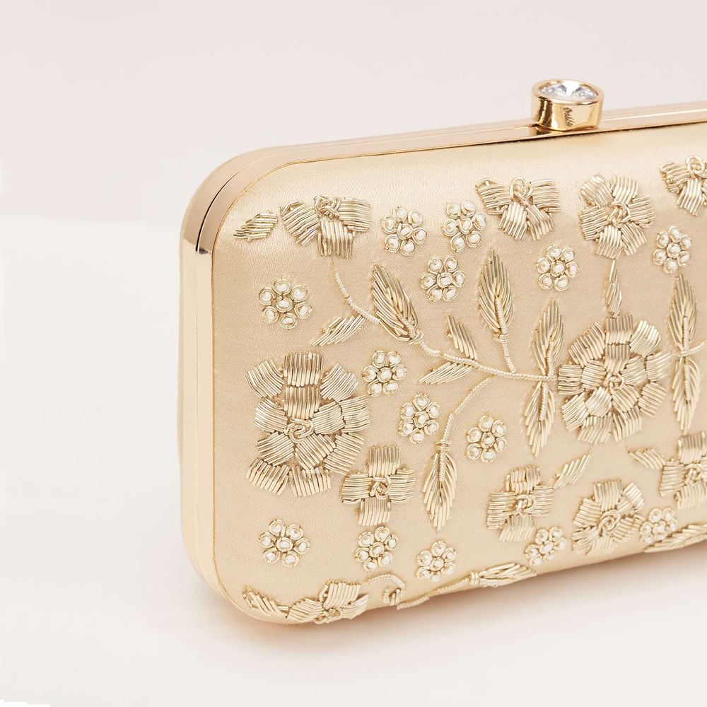 Gold Floral Clutch On Silk Fabric