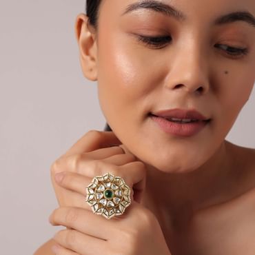 Gold Floral Motif Kundan Studded Ring