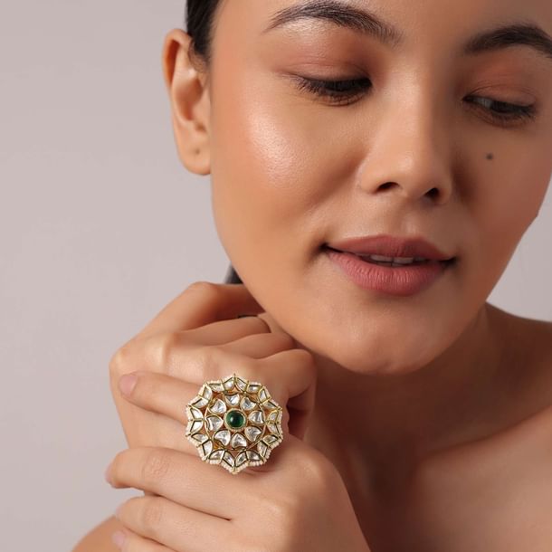 Gold Floral Motif Kundan Studded Ring Gold Floral Motif Kundan Studded Ring
