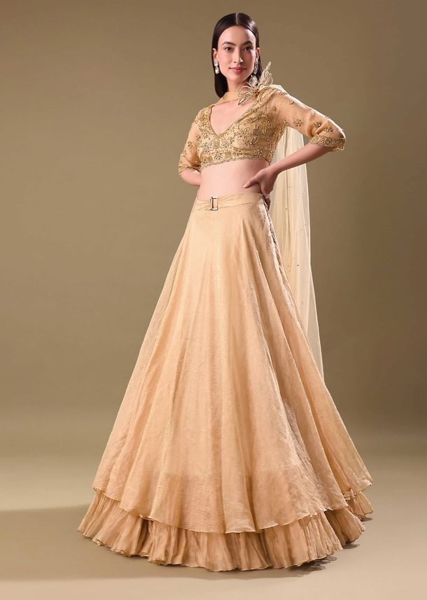 Gold Hand Embroidered Tissue Lehenga And Blouse With Dupatta