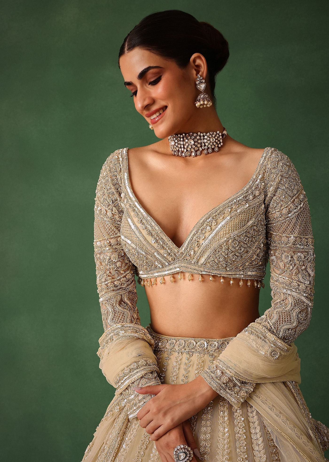 Gold Hand Embroidered Lehenga Set In Raw Silk With Dupatta