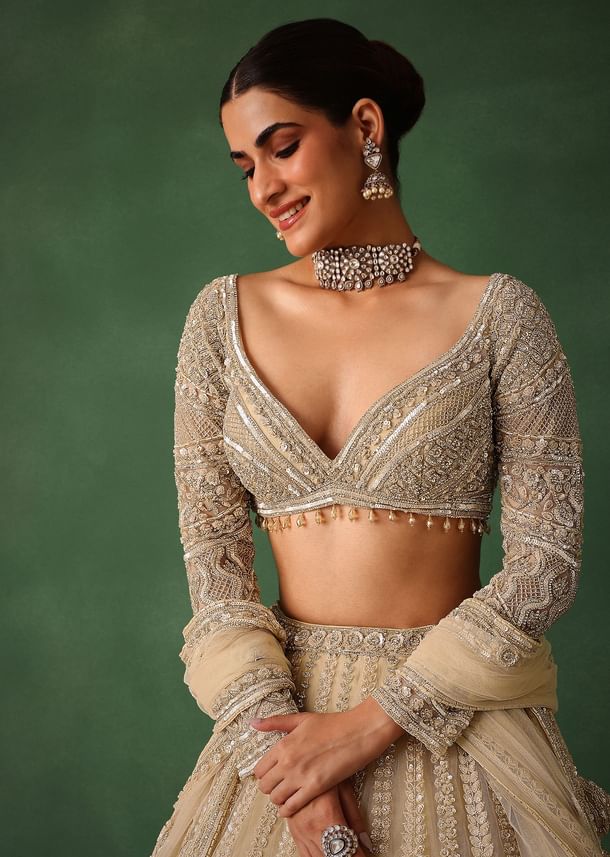 Gold Hand Embroidered Lehenga Set In Raw Silk With Dupatta