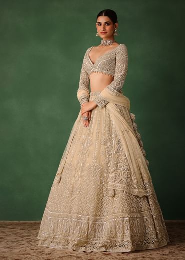 Gold Hand Embroidered Lehenga Set In Raw Silk With Dupatta