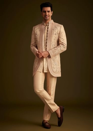 Gold Hand Embroidered Sherwani Set With Intricate Detailing