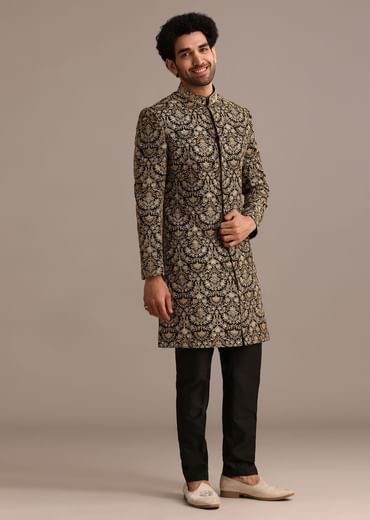 Gold Hand Embroidered Silk Sherwani Suit
