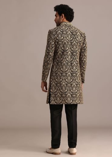 Gold Hand Embroidered Silk Sherwani Suit