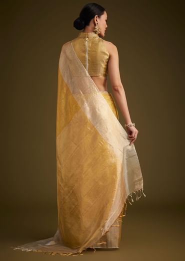 Gold Kanjivaram Silk Saree With Contrast Border And Pallu
