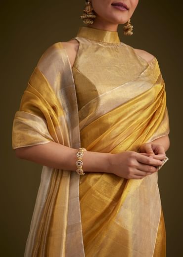 Gold Kanjivaram Silk Saree With Contrast Border And Pallu