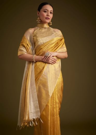 Gold Kanjivaram Silk Saree With Contrast Border And Pallu