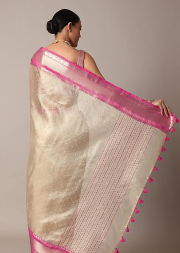 Gold Kota Silk Chanderi Saree With Mirror Detail And Unstitched Blouse Piece