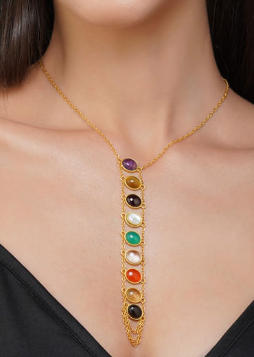 Gold Multi Navratan Lariat Necklace