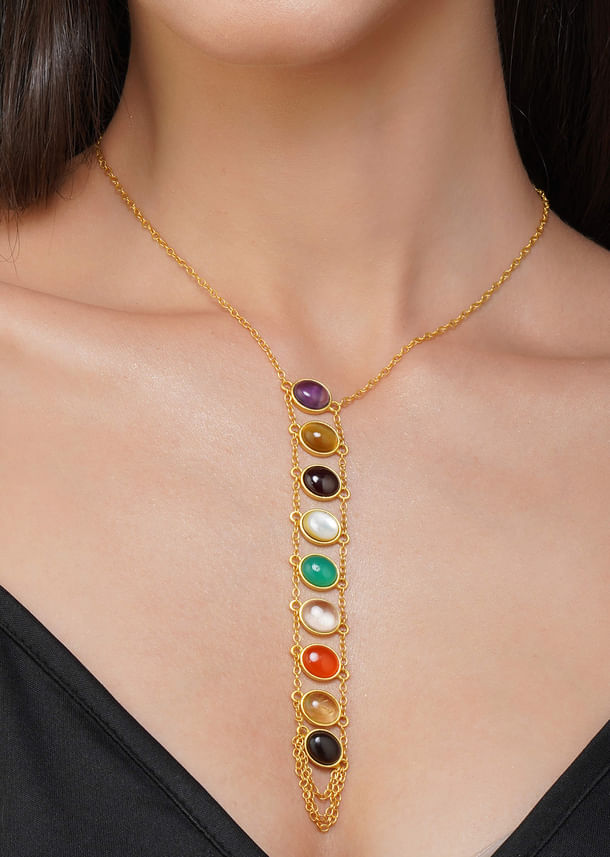 Gold Multi Navratan Lariat Necklace Gold Multi Navratan Lariat Necklace
