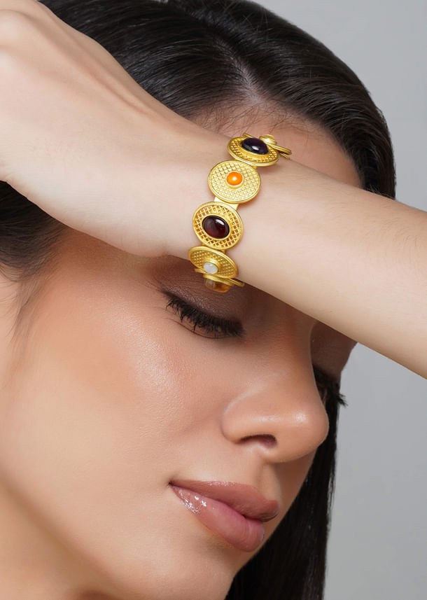 Gold Navratan Cuff Bracelet With Multi Stone Highlights Gold Navratan Cuff Bracelet With Multi Stone Highlights