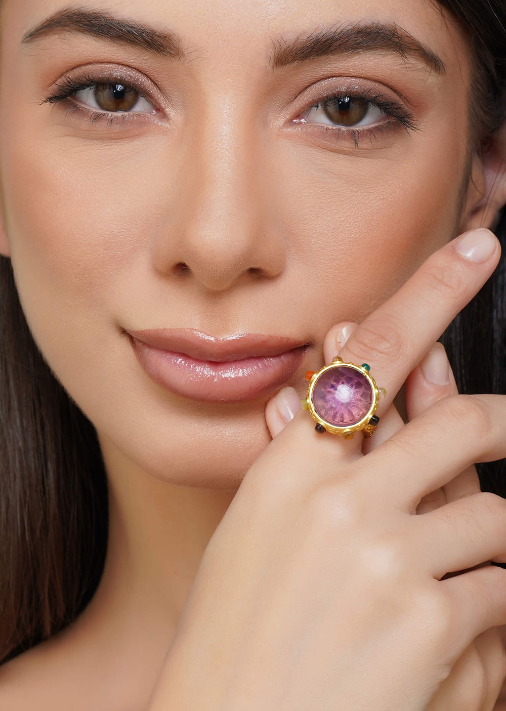 Gold Navratna Ring With Purple Stone Accent
