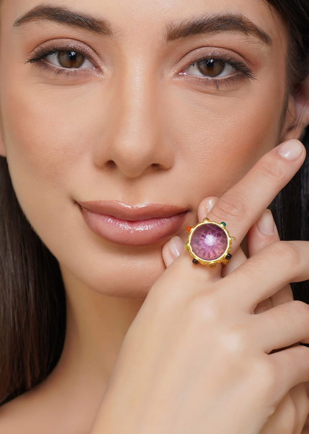 Gold Navratna Ring With Purple Stone Accent Gold Navratna Ring With Purple Stone Accent