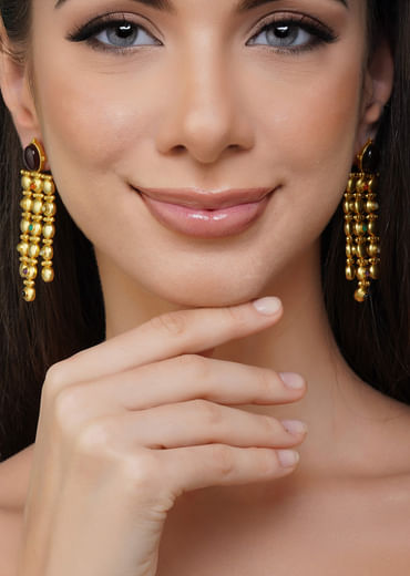 Gold Navratna Statement Earrings With Drops