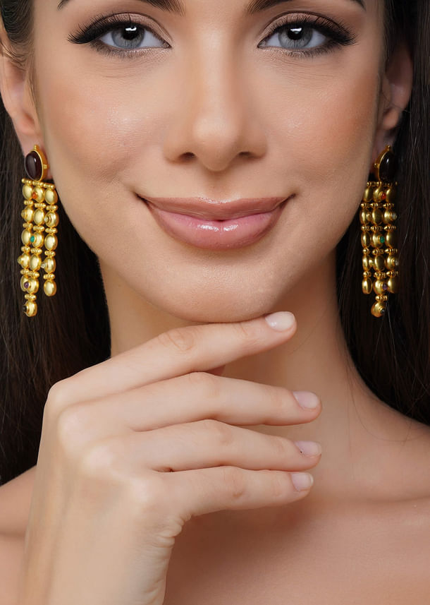 Gold Navratna Statement Earrings With Drops Gold Navratna Statement Earrings With Drops