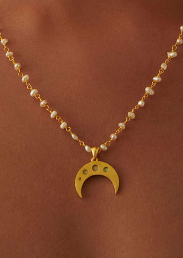 Gold Necklace With Crescent Pendant And Pearl Chain
