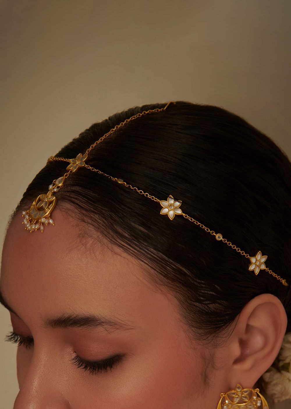 Gold Phool Sitara Maatha Patti With Mirror Polki