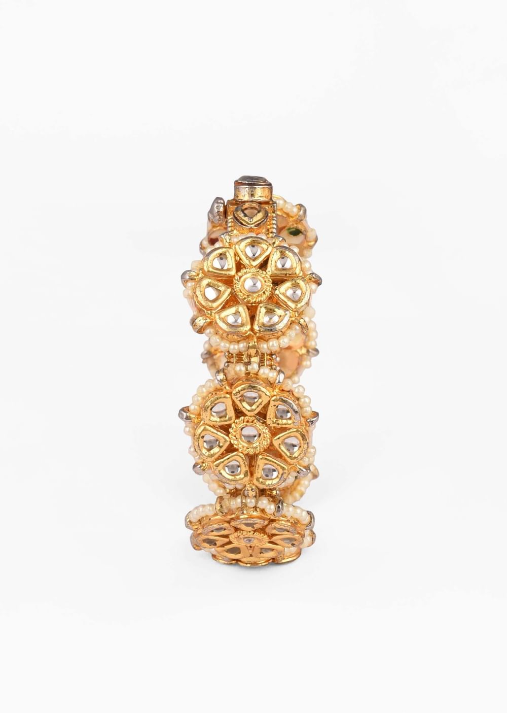 Gold Plated Bangle With Floral Kundan And Moti Work